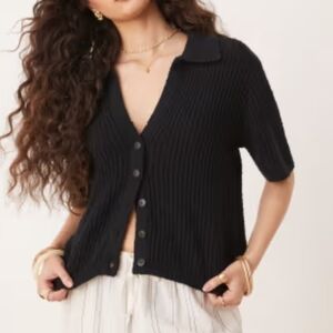 Abercrombie & Fitch Black Crotchet Cotton Blend Knit Button Up Sweater Size L